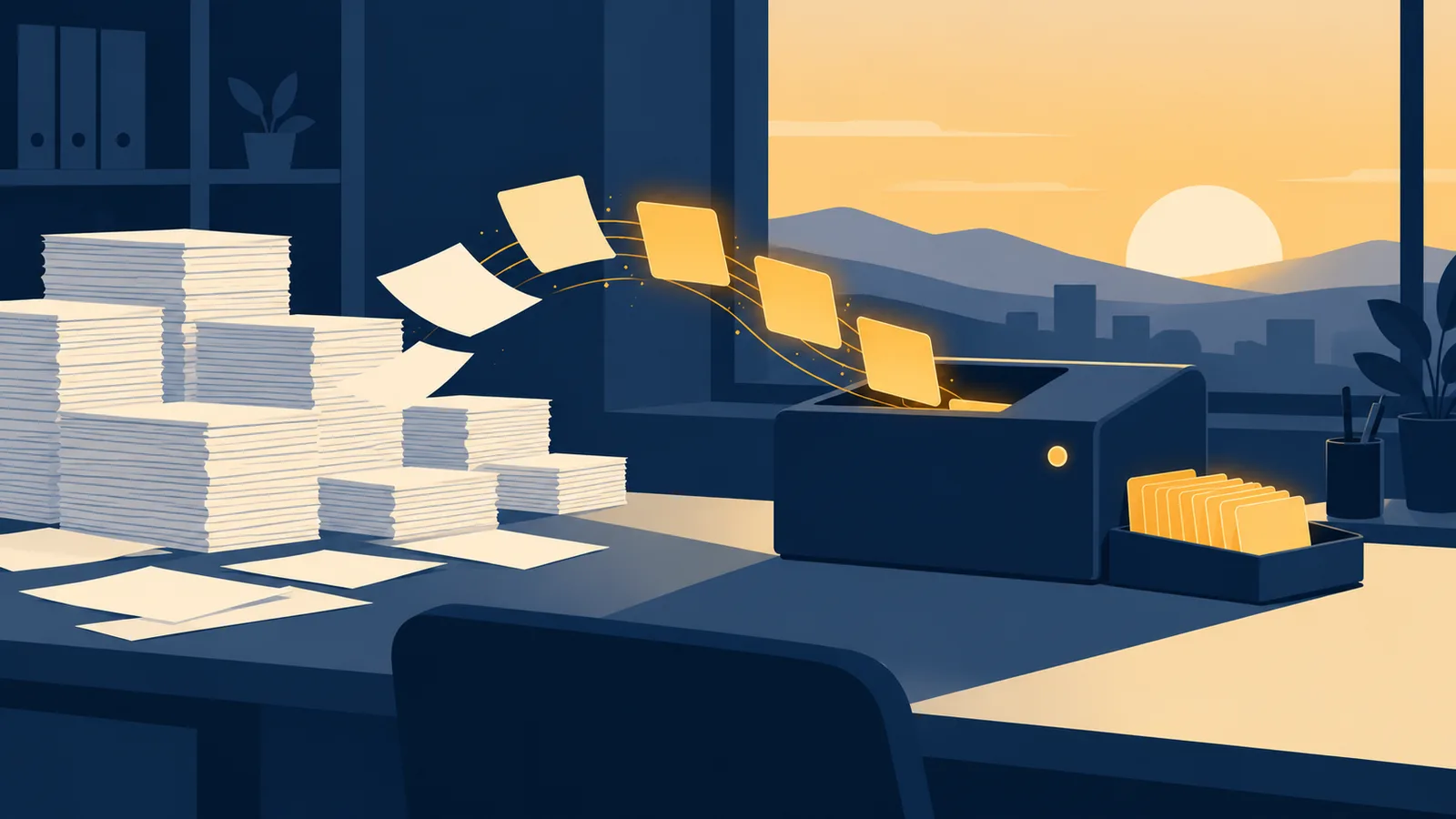Illustration: stacks of paper on an office desk turn into gold cards that file themselves into a box.