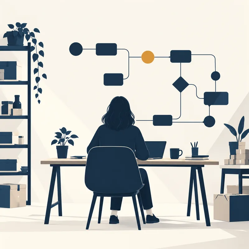 Illustration: a person at a desk, seen from behind, with a workflow diagram on the wall.
