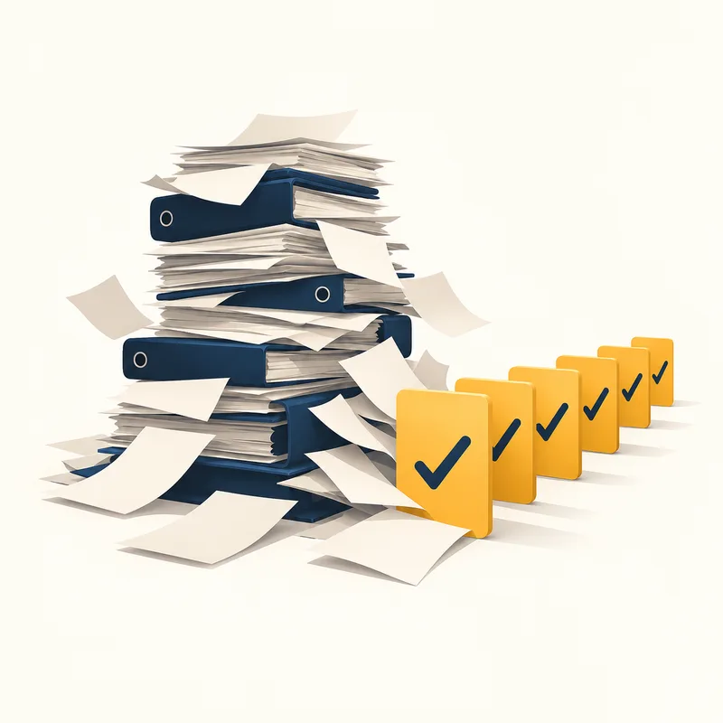 Illustration: a pile of binders and loose paper beside a row of checked-off cards.