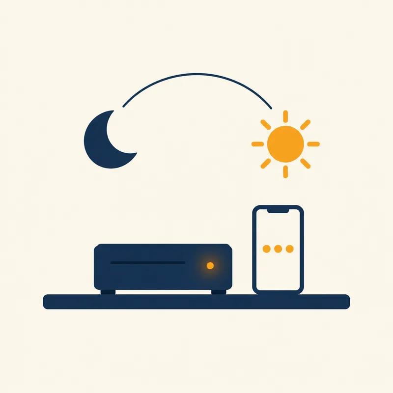 Illustration: a small computer and a phone on a shelf, with a moon arcing over to a sun.