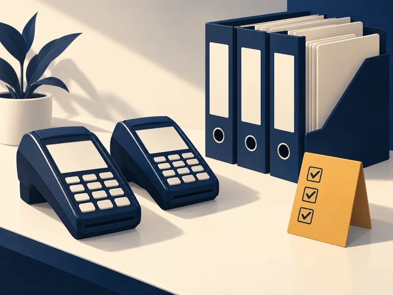 Illustration: two card terminals beside a row of binders and a checklist sign.